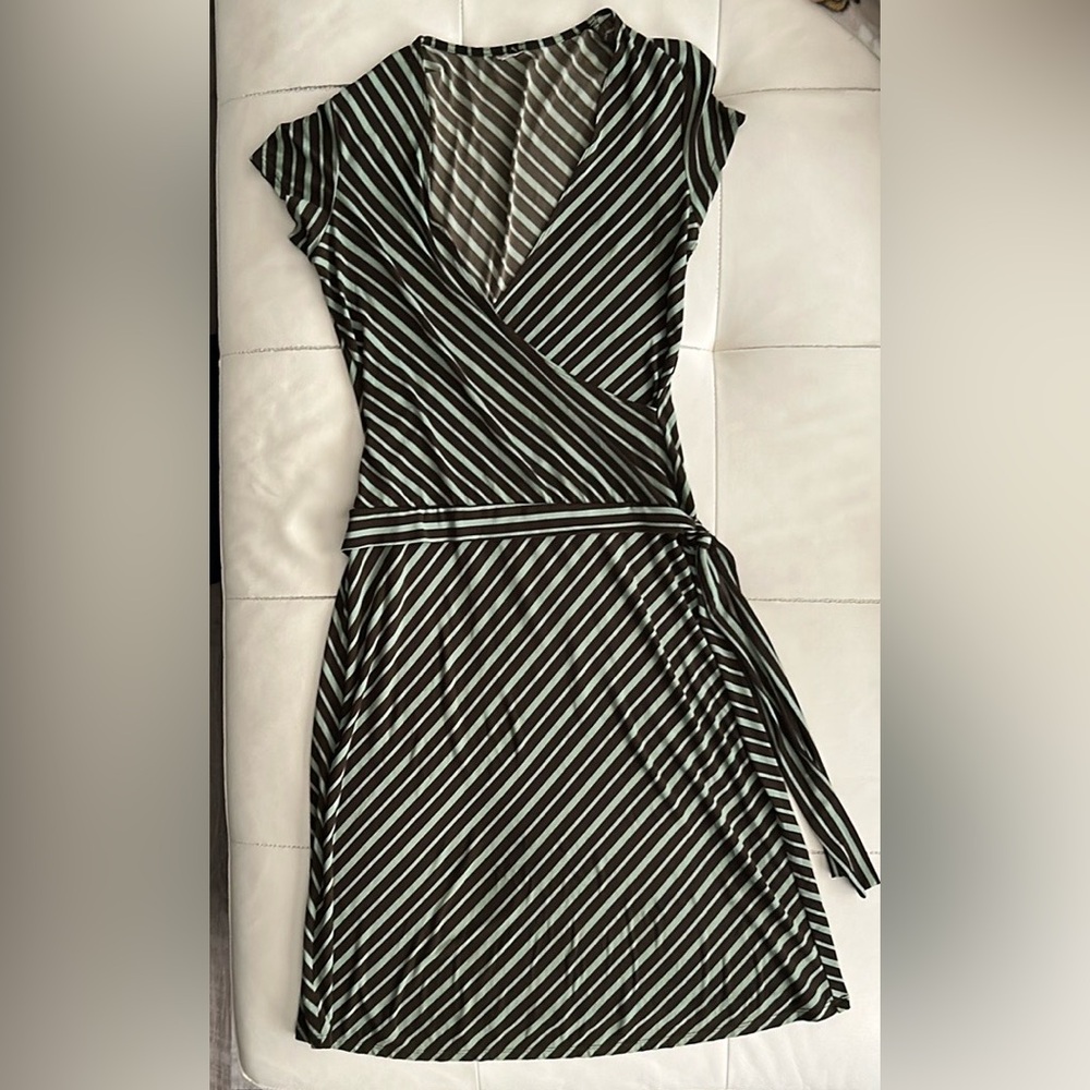 Brown and Green Midi Sheath Dress with Tie Front